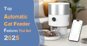A white and silver Petrust automatic cat feeder dispenses food into a bowl while a phone shows a feeding schedule, highlighting essential automatic cat feeder features for a 2025 guide.