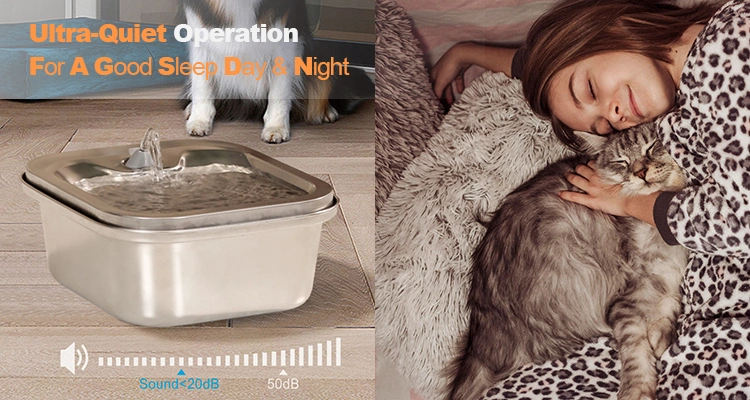 A white and a silver cat water fountain with a bubbling fountain, next to a sleeping cat and a dog's legs, showcasing an ultra-quiet design that solves common Cat Water Fountain Problems related to noise.