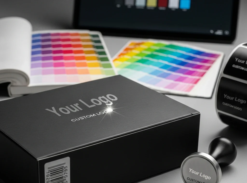 A custom-branded black box with a barcode label, rolls of logo tape, color swatches, and a custom logo stamp, representing comprehensive OEM Cat Water Fountain branding services.