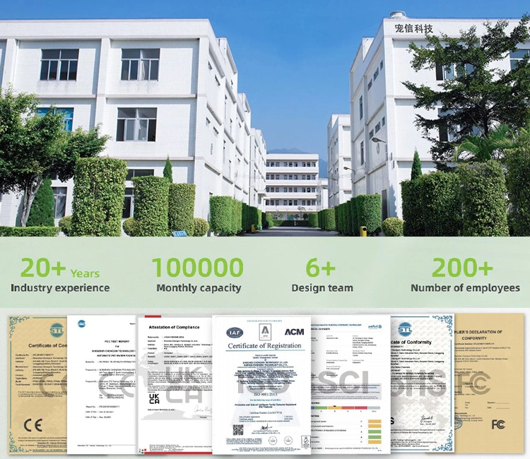 A photo of a factory building with several certifications displayed below it, signifying a qualified app-controlled cat water fountain OEM manufacturer.