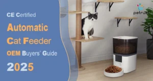 CE Certified Automatic Cat Feeders OEM Buyers Guide to Avoid Costly Mistakes of Home A tuxedo cat sits on a wooden cat tower next to a modern feeder, promoting a Buyers' Guide for CE Certified automatic cat feeders in 2025.