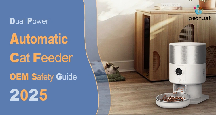 A modern, two-tone dual power automatic cat feeder is shown dispensing kibble, with a cat resting in a pet bed in the background.