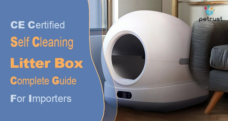 A white and gray CE certified self cleaning litter box is placed in a living room next to a gray armchair.