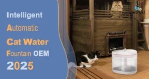 Intelligent Cat Water Fountain OEM Innovations That Modern Pet Owners Cant Ignore of Home A tuxedo cat sits next to a modern, white and pink intelligent cat water fountain, with another cat looking down from a wooden pet playhouse.