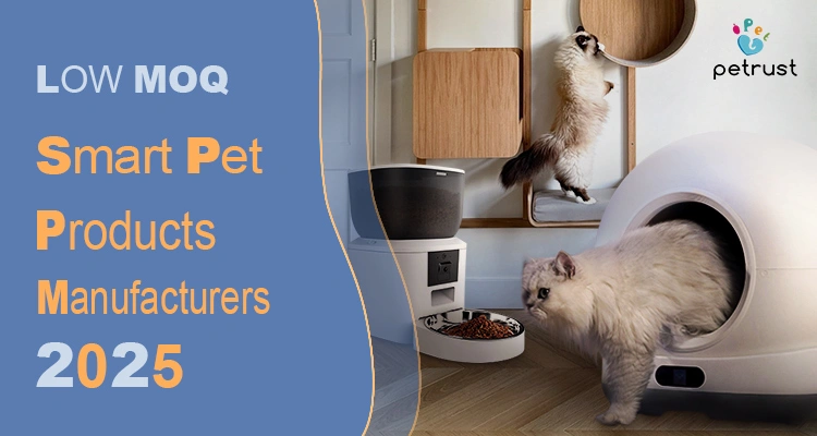 Low MOQ Smart Pet Product Manufacturers 2025 Buyers Guide to Import Without Large Orders of Low MOQ Smart Pet Product Manufacturers (2025 Buyer’s Guide to Import Without Large Orders) A white and gray self-cleaning litter box, a black and white automatic feeder, and a cat tree are shown in a room with two cats, illustrating a guide to low MOQ smart pet product manufacturers.