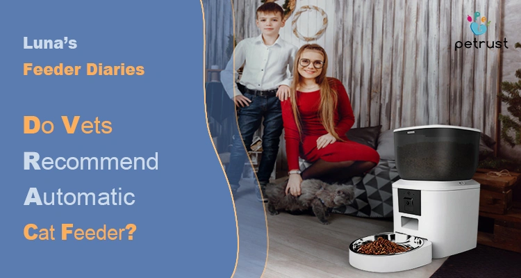 A woman and a boy pose with their cat next to a white automatic cat feeder, illustrating an article on whether vets recommend automatic cat feeder.