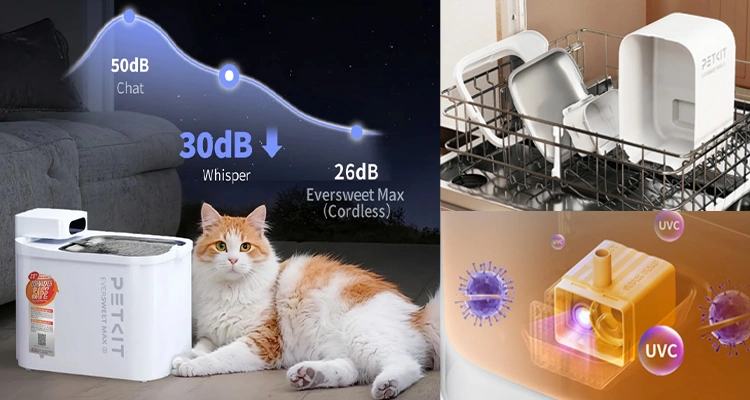 An orange and white cat is resting beside a quiet Petkit EverSweet Max 2 water fountain, highlighting a key feature in the Petkit vs Catit cat water fountains comparison.