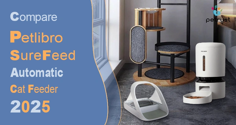A side-by-side comparison of a tall, white automatic Petlibro-style automatic cat feeder and a low-profile SureFeed-style smart feeder, illustrating a guide on Petlibro vs SureFeed.
