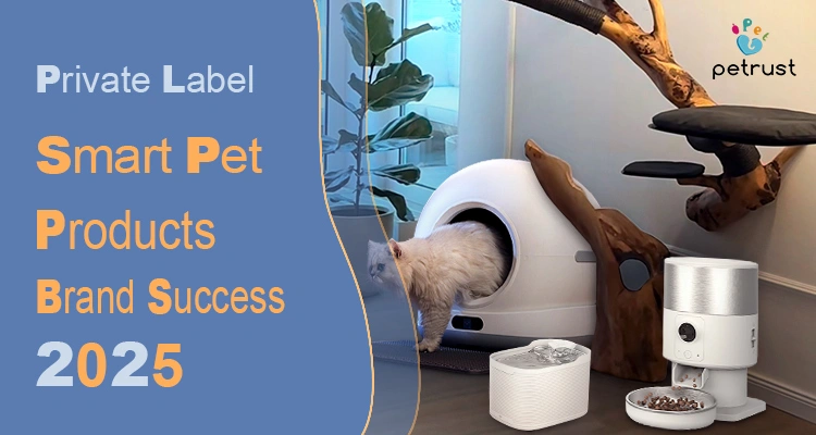 A banner with a production line and a happy pet owner with a cat, showing the journey from a factory to brand success with private label smart pet products.
