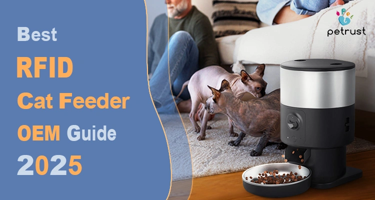 RFID Cat Feeder OEM Guide 2025 Smart Custom Feeding for Multi Pet Homes of Best RFID Cat Feeder OEM Guide 2025: Smart Custom Feeding for Multi-Pet Homes Two cats standing near a black and silver RFID cat feeder OEM model that is dispensing kibble into a bowl.
