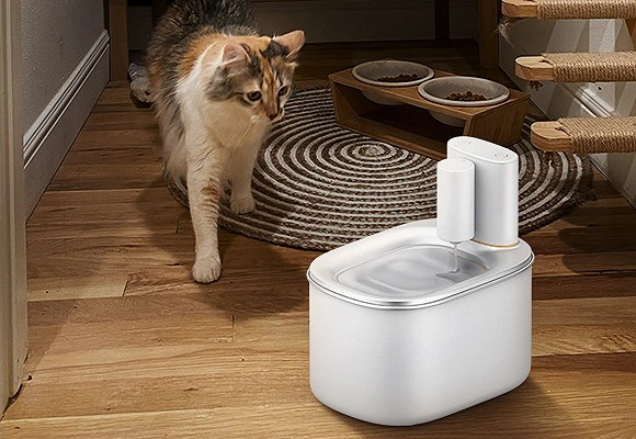Top Rated Smart Pet Product Manufacturers in China Petrusts Cat Water Fountains of Smart Pet Product Manufacturers in China A long-haired cat walking toward a white automatic cat water fountain in a hallway, illustrating a product from smart pet product manufacturers in China.