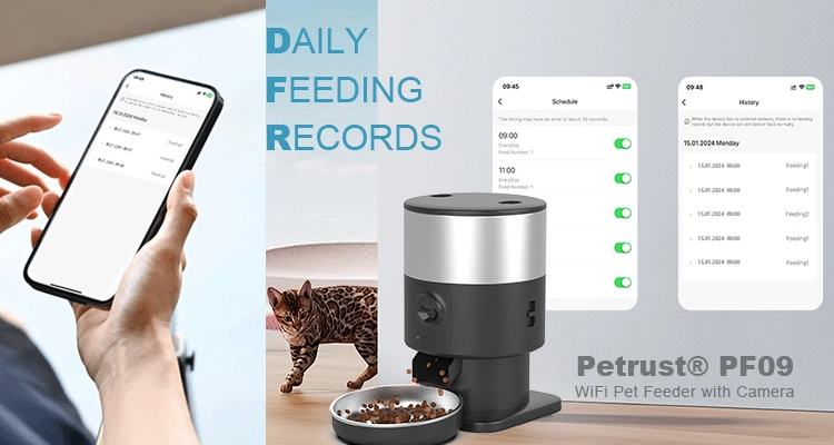 Automatic vs Gravity Feeders Petrust® PF09 WiFi Pet Feeder with Camera 1 of Automatic vs Gravity Feeders: Which One Wins for Cats & Buyers 2025 | Luna’s Feeder Diaries A user holds a smartphone showing a daily feeding record history, illustrating the advanced features of an automatic feeder compared to gravity models in the automatic vs gravity feeders debate.