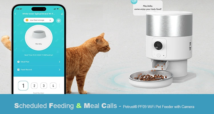 Automatic vs Gravity Feeders Petrust® PF09 WiFi Pet Feeder with Camera 2 of Automatic vs Gravity Feeders: Which One Wins for Cats & Buyers 2025 | Luna’s Feeder Diaries An orange cat looks at a white automatic feeder with a phone screen displaying a feeding schedule, highlighting the difference between automatic vs gravity feeders for controlled meal times.