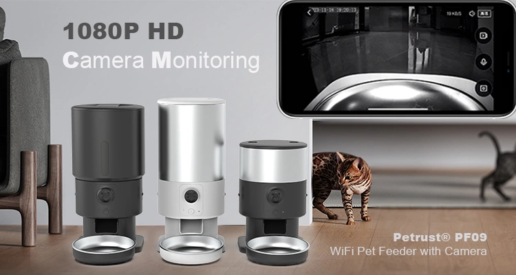 Automatic vs Gravity Feeders Petrust® PF09 WiFi Pet Feeder with Camera 3 of Automatic vs Gravity Feeders: Which One Wins for Cats & Buyers 2025 | Luna’s Feeder Diaries Three color options (black, white, silver) of the Petrust® PF09 WiFi Pet Feeder with a phone screen showing 1080P HD Camera Monitoring footage, demonstrating a key feature absent in gravity feeders.