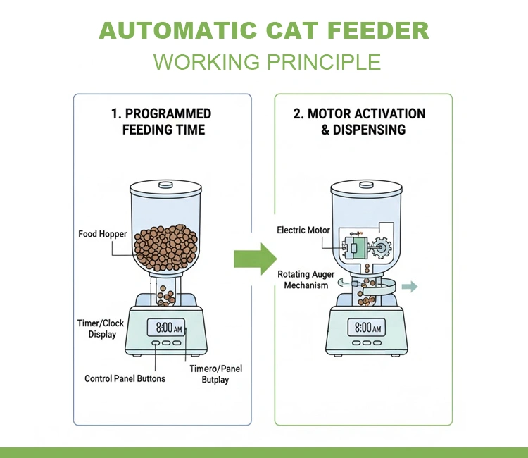 Automatic vs Gravity Feeders automatic cat feeder working principle of Automatic vs Gravity Feeders: Which One Wins for Cats & Buyers 2025 | Luna’s Feeder Diaries A two-part diagram detailing the working principle of an automatic cat feeder using a timer and motor, essential for understanding the automatic vs gravity feeders difference.