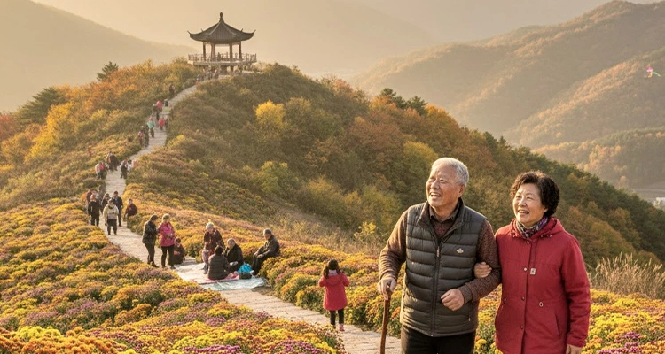 Double Ninth Festival 2025 1 Climbing high of Double Ninth Festival 2025: Chongyang Festival in China & What It Means for Brands Like Petrust® People celebrating Double Ninth Festival 2025 by climbing high on a mountain path filled with chrysanthemums, leading to a traditional pavilion.