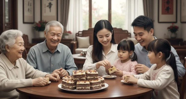 Double Ninth Festival 2025 2 Chongyang cakes of Double Ninth Festival 2025: Chongyang Festival in China & What It Means for Brands Like Petrust® A multi-generational family celebrating Double Ninth Festival 2025, gathered around a table to eat traditional Chongyang festival cakes.