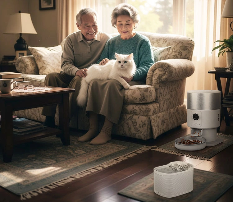 Double Ninth Festival 2025 3 Petrust product of Double Ninth Festival 2025: Chongyang Festival in China & What It Means for Brands Like Petrust® Older couple with their cat and a smart pet feeder and water fountain in a cozy living room, referencing the Double Ninth Festival 2025 theme of care.