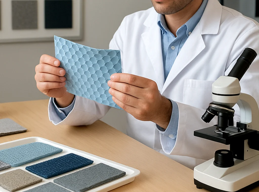 How We Build Every Automatic Cat Water Fountain with Precision Material Sourcing Testing of Automatic Cat Water Fountain A technician in a lab coat examines a honeycomb-patterned material sample under a microscope for the automatic cat water fountain Material Sourcing and Testing phase.