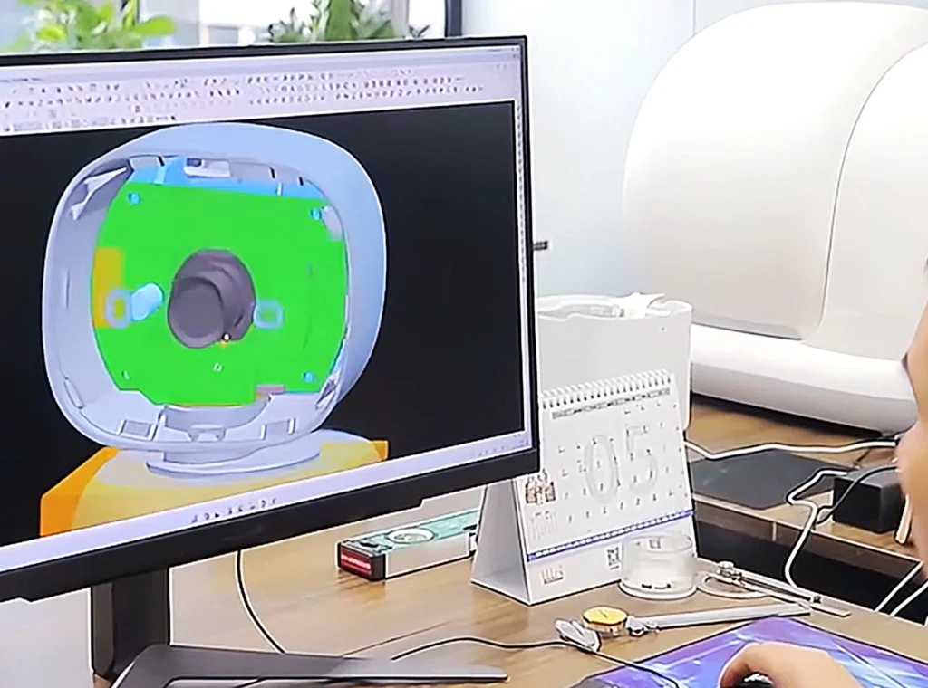 How We Build Every Automatic Cat Water Fountain with Precision Mold Creation Structural Assembly of Automatic Cat Water Fountain A person views a 3D CAD design of the internal components of an automatic cat water fountain on a computer screen for mold creation.
