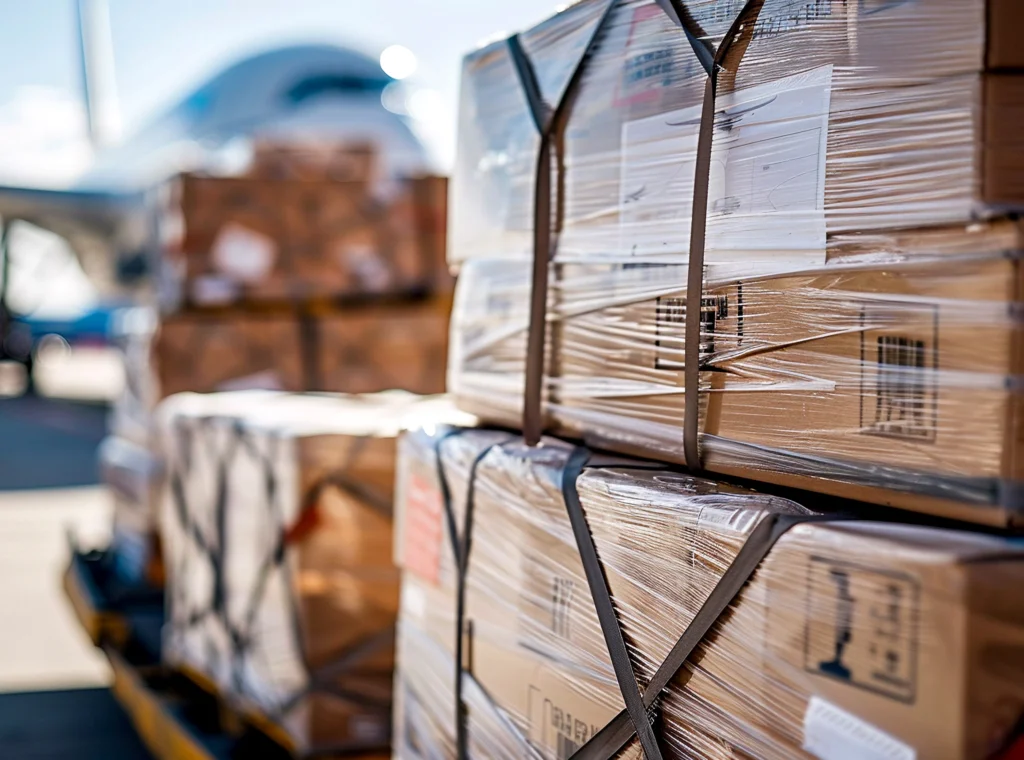 How We Build Every Automatic Cat Water Fountain with Precision Packaging Global Shipping of Automatic Cat Water Fountain Pallets of packaged automatic cat water fountain products shrink-wrapped and stacked on a tarmac near an airplane for Global Shipping.