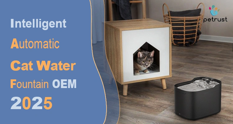 Intelligent Cat Water Fountain OEM Innovations That Modern Pet Owners Cant Ignore 1 of Custom Automatic Cat Litter Box A tabby cat looks out from a modern, wooden cat house near a black intelligent cat water fountain, promoting OEM solutions for 2025.
