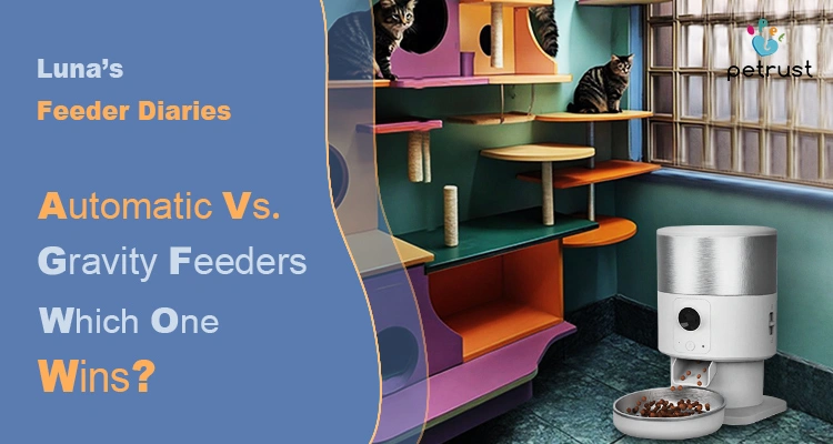 Lunas Feeder Diaries Automatic vs Gravity Feeders Which One Wins for Cats and Buyers of Custom Automatic Cat Litter Box A graphic posing the question, "Automatic vs Gravity Feeders: Which One Wins?" with a modern automatic pet feeder and two cats on a brightly colored cat tower.