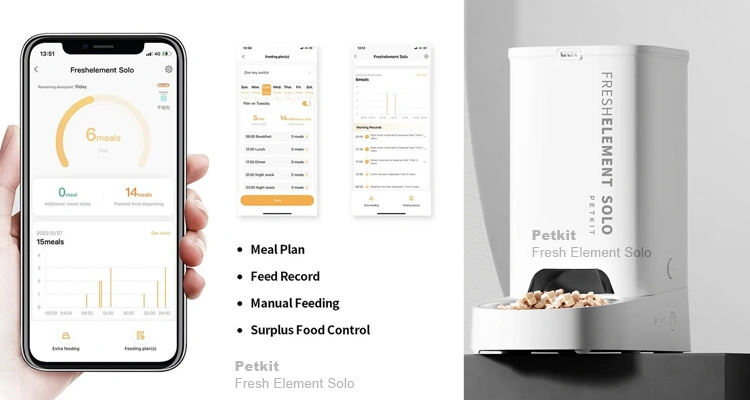 A smartphone displays the Petkit Fresh Element Solo app interface showing meal plan and feeding history, comparing features in the Petkit vs Xiaomi automatic cat feeder review.