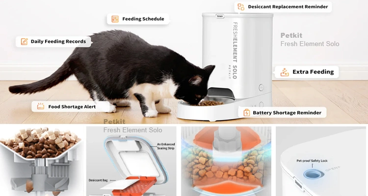 A black and white cat eating from a Petkit Fresh Element Solo feeder, with labels pointing to features like Food Shortage Alert and Desiccant Replacement Reminder, crucial for the Petkit vs Xiaomi automatic cat feeder evaluation.