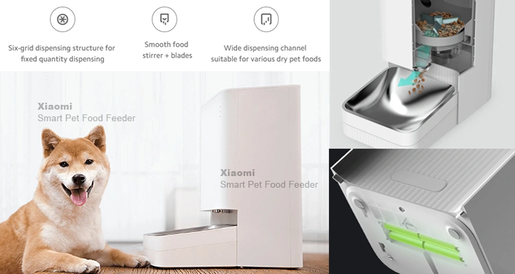 A Shiba Inu dog next to the Xiaomi Smart Pet Food Feeder, with diagrams illustrating the six-grid dispensing structure and battery backup, defining features in the Petkit vs Xiaomi automatic cat feeder review.