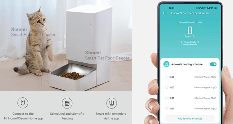 A ginger cat sits next to a Xiaomi Smart Pet Food Feeder, with a smartphone showing the automatic feeding schedule, essential for the Petkit vs Xiaomi automatic cat feeder comparison.