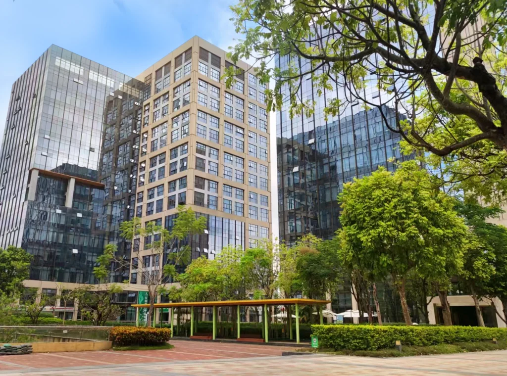 Modern glass office buildings featured on the Petrust® Contact page, located in Dongjiu Innovation Technology Park, Shenzhen.