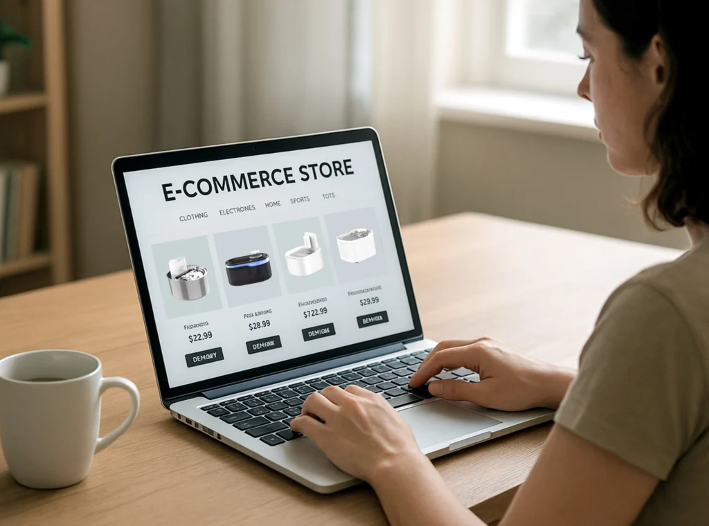 Where Our Automatic Pet Water Fountains Make a Difference E commerce Stores of Automatic Cat Water Fountain A person viewing different models of the automatic cat water fountain on an E-commerce store website on a laptop.