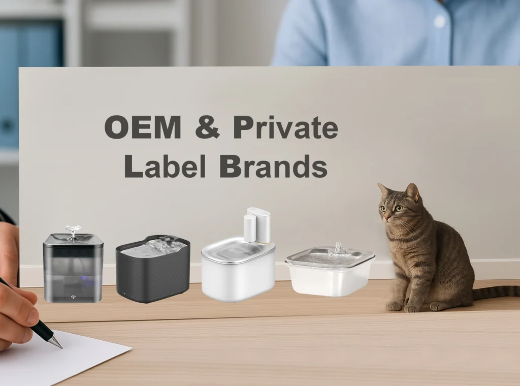 Where Our Automatic Pet Water Fountains Make a Difference OEM Private Label Brands of Automatic Cat Water Fountain A person's hand signing a document next to a tabby cat and four designs of the automatic cat water fountain for OEM and Private Label Brands.