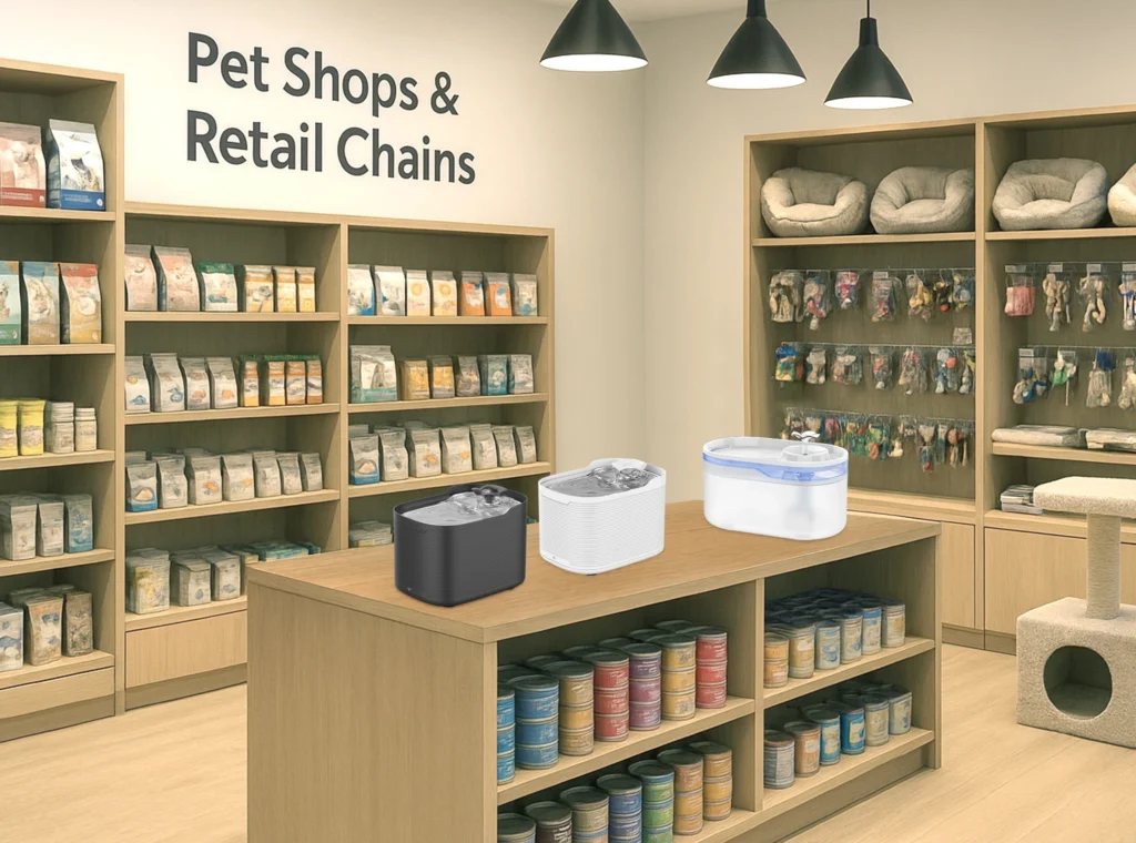 Where Our Automatic Pet Water Fountains Make a Difference Pet Shops Retail Chains of Automatic Cat Water Fountain Three different models of the automatic cat water fountain displayed on a wooden shelf in a physical Pet Shop or Retail Chain store.