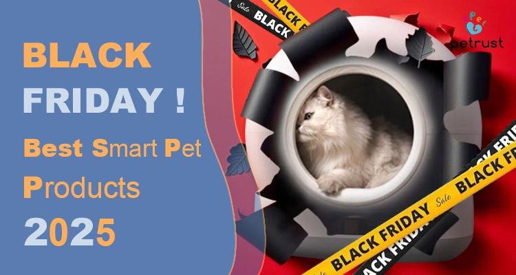 A white cat rests inside a self-cleaning litter box decorated with "Black Friday Sale" ribbons on a red background, promoting Black Friday smart pet products 2025.