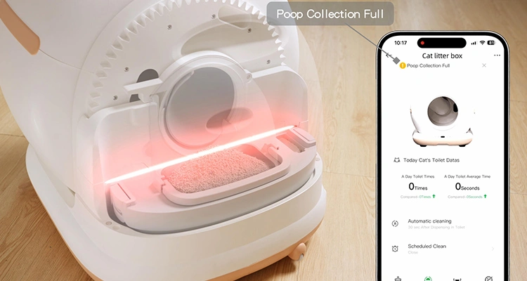 A view of the rotating mechanism inside an automatic litter box with red UV light, next to a smartphone showing a "Poop Collection Full" notification, detailing the features of an Automatic Litter Box Manufacturer's product.