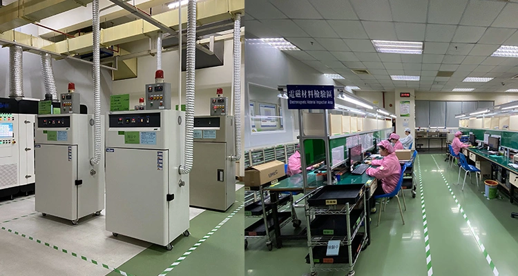 A factory scene contrasting large testing chambers for quality control with a detailed inspection area for electromagnetic materials, showing the strict standards of an Automatic Litter Box Manufacturer.