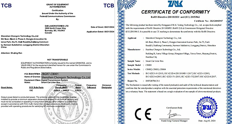 Two official certifications: an FCC Grant of Equipment Authorization and a TUV-certified RoHS Certificate of Conformity for a smart litter box, highlighting the compliance of the Automatic Litter Box Manufacturer.