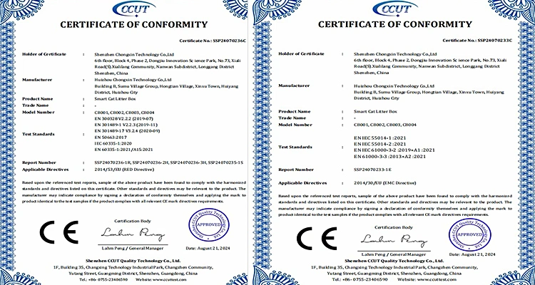 Two official Certificates of Conformity (CCUT) showing CE approval and test standards for a smart cat litter box, validating the quality of the Automatic Litter Box Manufacturer.