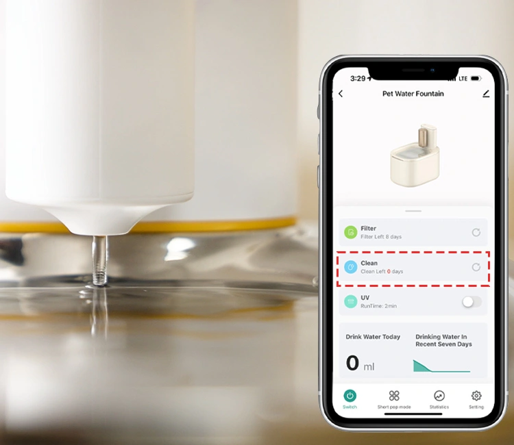 A smartphone screen displaying a pet water fountain app with a "Clean Left 0 days" reminder, indicating when to clean to avoid a dirty cat water fountain.