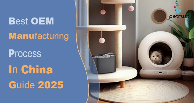 A cozy cat corner featuring modern smart pet products like a white automatic litter box and a black water fountain, representing the high-quality output of the OEM manufacturing process in China.