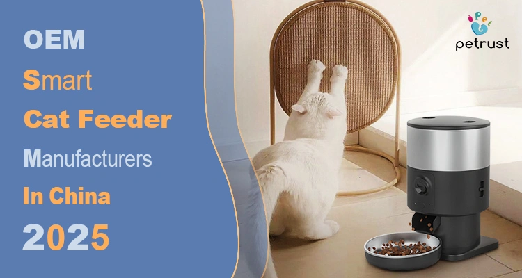 A white cat plays next to a modern, two-tone automatic pet feeder, representing the innovative products offered by OEM smart cat feeder manufacturers in China.