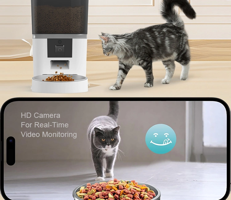 A dual image showing a cat approaching an automatic feeder and a smartphone screen displaying the HD camera feed, demonstrating the monitoring capabilities offered by OEM smart cat feeder manufacturers in China.