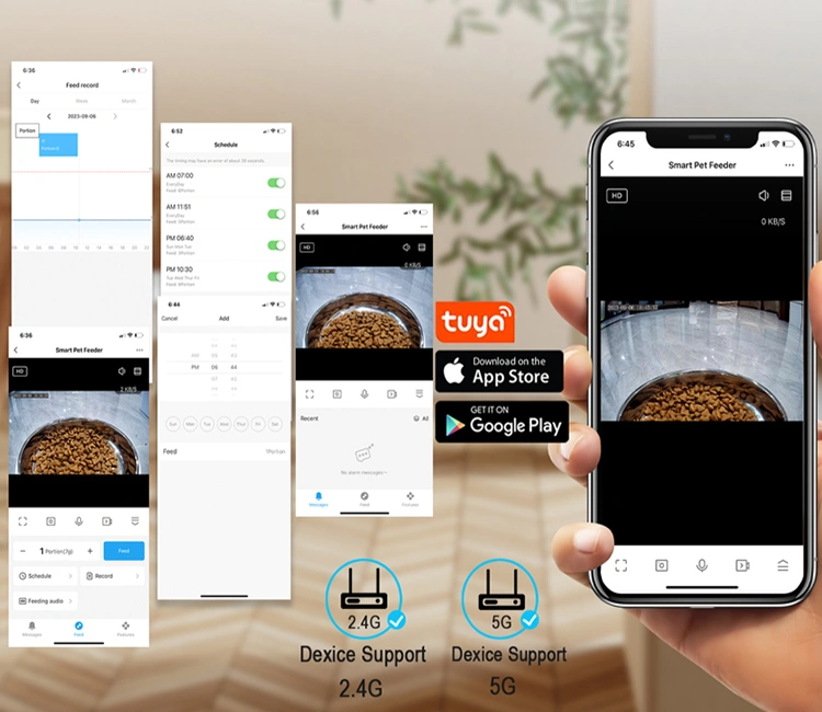 Multiple smartphone screenshots showing the pet feeder control app interface, including feeding schedules, portion records, and 2.4G/5G Wi-Fi compatibility, illustrating the software expertise of OEM smart cat feeder manufacturers in China.