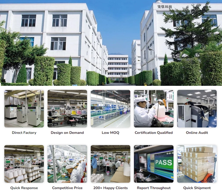 An exterior view of a modern factory complex with surrounding green landscaping and an array of inset photos detailing the production line, confirming the scale of OEM smart cat feeder manufacturers in China.
