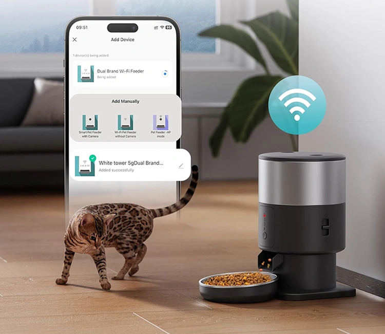 A Bengal cat stands next to a smart automatic feeder while a user sets up the device via a mobile app, emphasizing the Wi-Fi setup process for products from OEM smart cat feeder manufacturers in China.