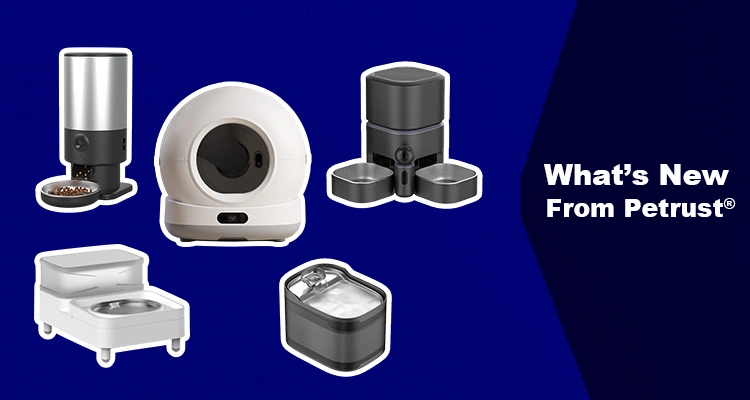 A collection of Petrust smart pet products, including various automatic feeders, a self-cleaning litter box, and water fountains, previewing the display for MEGAZOO 2025 Korea.