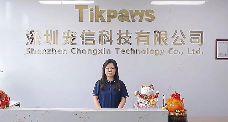 A woman standing at the reception desk in the company headquarters beneath the "Shenzhen Chongxin Technology Co., Ltd." sign, representing the team attending MEGAZOO 2025 Korea.