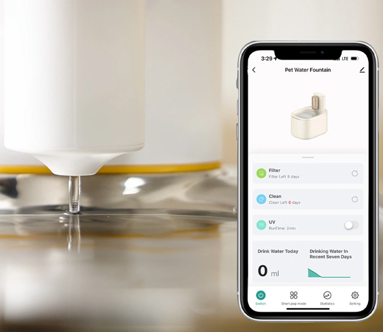 A close-up of a smartphone screen showing the control app for a pet water fountain, detailing filter status and water statistics, highlighting the technology from a leading smart cat water fountain manufacturer in China.